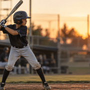 Youth baseball player demonstrating a proper baseball batting stance — balanced, hip-hinged, hands near back shoulder