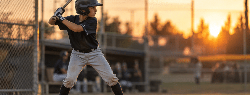 Youth baseball player demonstrating a proper baseball batting stance — balanced, hip-hinged, hands near back shoulder