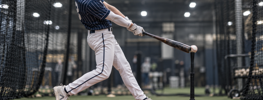 Youth baseball hitter front leg fully braced at impact — demonstrating the blocking position in batting cage