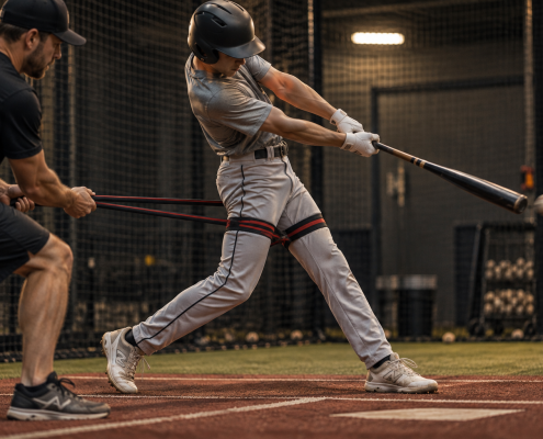 Youth baseball player fixing bat drag with the RNT resistance band drill — racing rear elbow before and after