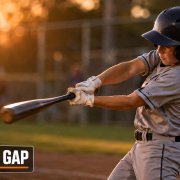 Hitter demonstrating locked out lead arm position at contact on a batting tee