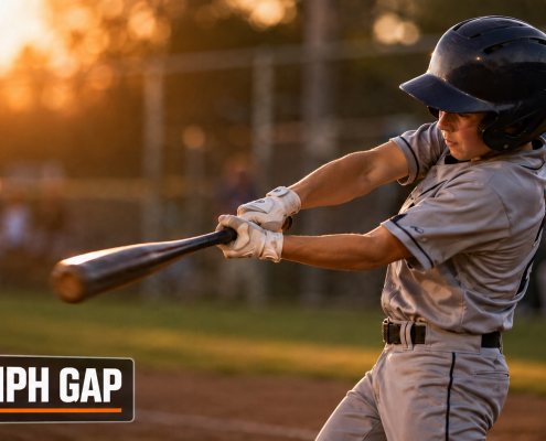 Hitter demonstrating locked out lead arm position at contact on a batting tee