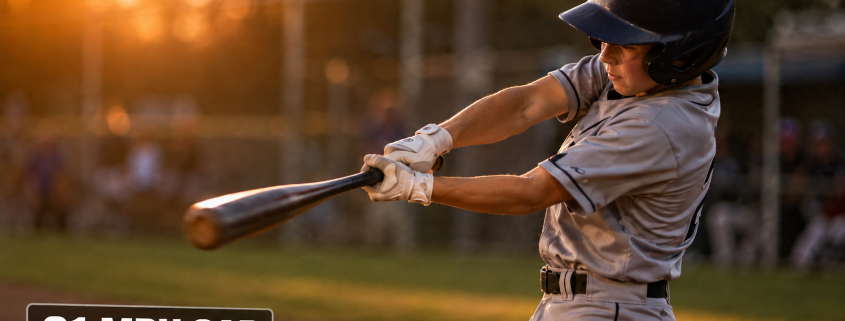 Hitter demonstrating locked out lead arm position at contact on a batting tee
