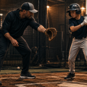 Baseball coach demonstrating the Barry Bonds drill with youth hitter in batting cage