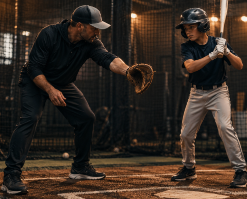 Baseball coach demonstrating the Barry Bonds drill with youth hitter in batting cage