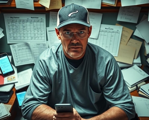 Youth coach looking overwhelmed with phone notifications, schedules, and practice plans scattered around