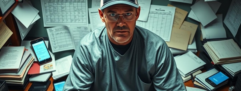 Youth coach looking overwhelmed with phone notifications, schedules, and practice plans scattered around