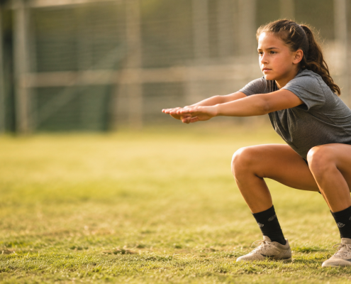 Youth softball player doing bodyweight squat at practice - youth softball workout plan for girls ages 10–14