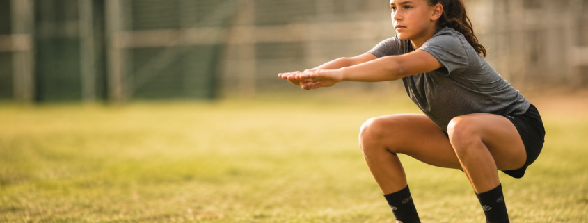 Youth softball player doing bodyweight squat at practice - youth softball workout plan for girls ages 10–14
