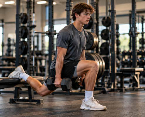 Baseball pitcher workout program — high school pitcher performing dumbbell split squat in weight room