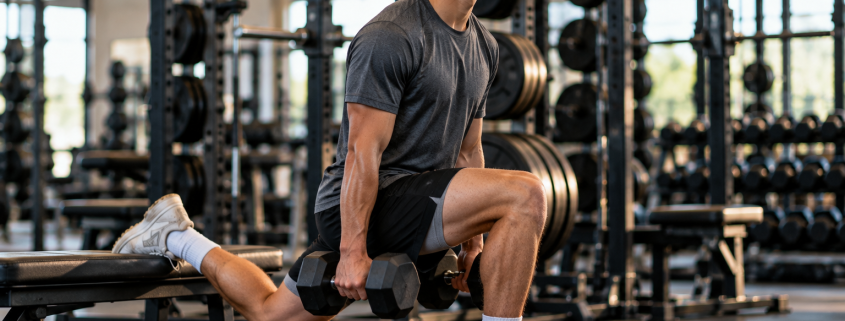 Baseball pitcher workout program — high school pitcher performing dumbbell split squat in weight room