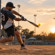 Adult slow pitch softball player hitting to opposite field with correct barrel path drill
