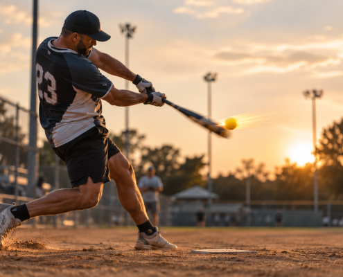 Adult slow pitch softball player hitting to opposite field with correct barrel path drill