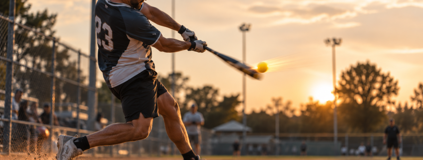 Adult slow pitch softball player hitting to opposite field with correct barrel path drill