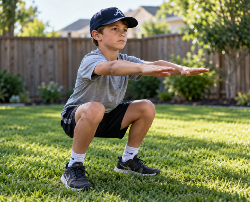 Youth baseball player doing bodyweight squat in backyard — youth baseball in-season workout program