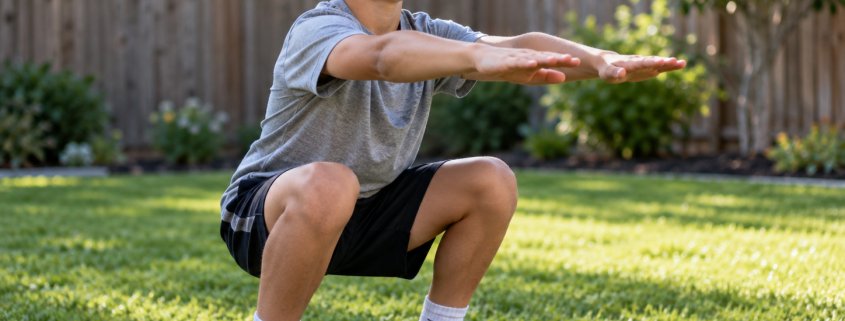 Youth baseball player doing bodyweight squat in backyard — youth baseball in-season workout program