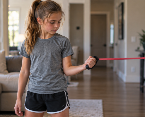 Youth softball player doing resistance band arm care exercise at home — youth softball in-season workout program