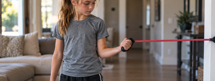 Youth softball player doing resistance band arm care exercise at home — youth softball in-season workout program